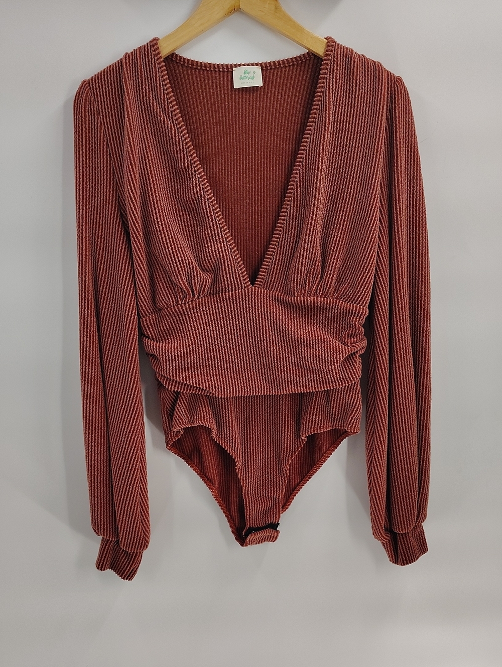 Blue Buttercup Bodysuit Medium Rust Long V Neck Long Sleeve Ribbed Stretch